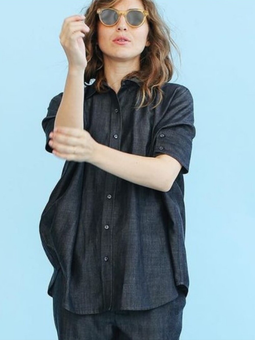 Sonnet James Top Women's Size Large  Gray Black Button Up Shirt Blouse Tencel